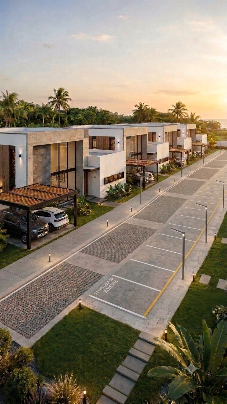 Macizo del Este Townhouses — Calle de doble vía pavimentada y puestos de visitantes